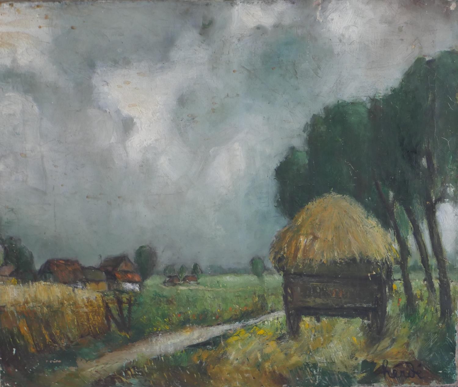 Rende, 20th century, Straw laden trailer on a track with village behind, oil on canvas, signed and - Image 2 of 7