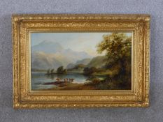 A 19th century oil on canvas, Highland Cattle in mountain lake, initialled and dated, framed. H.46