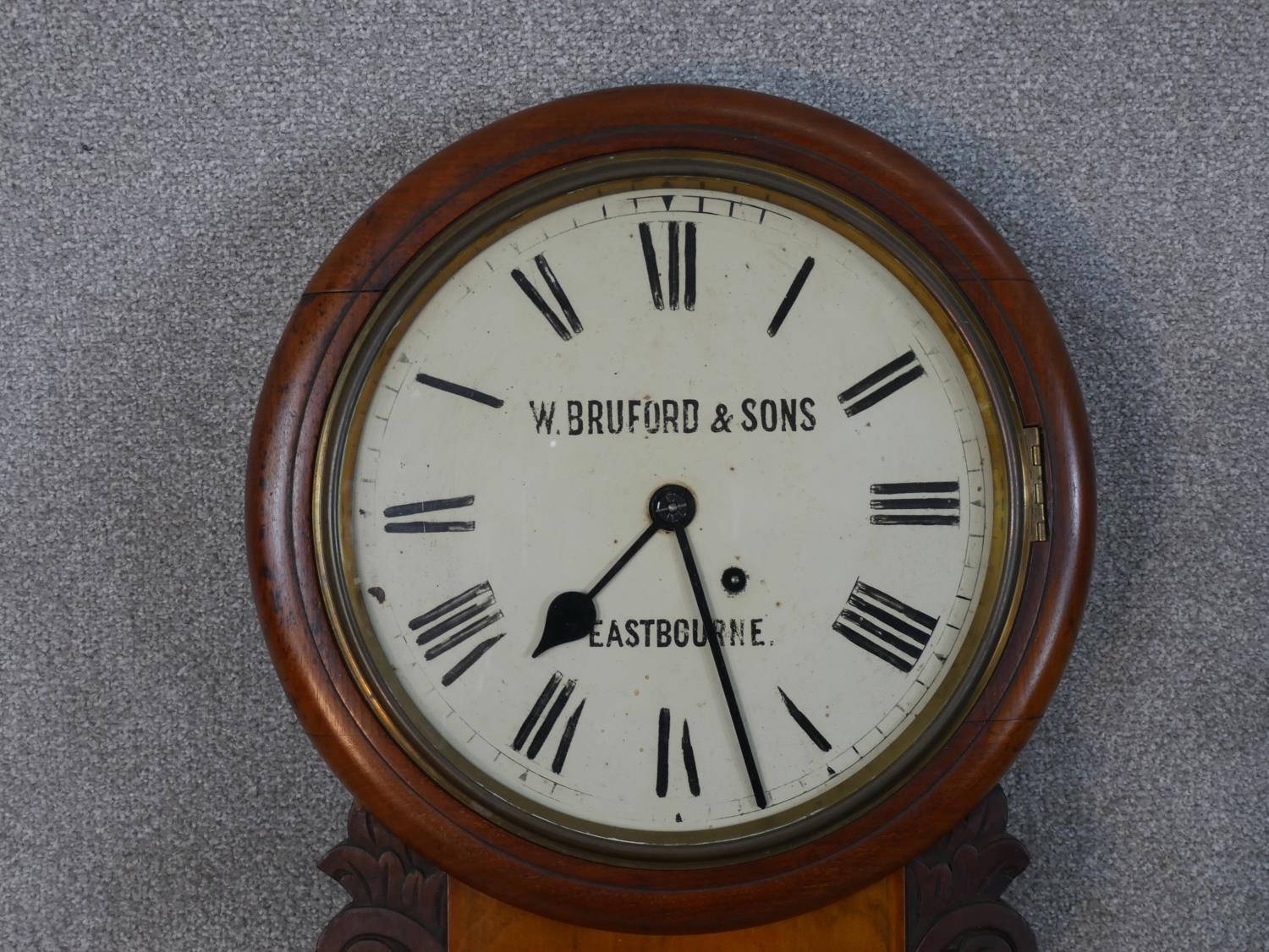 A late 19th/early 20th century drop dial wall clock, the enamelled dial with Roman numerals marked - Image 2 of 6
