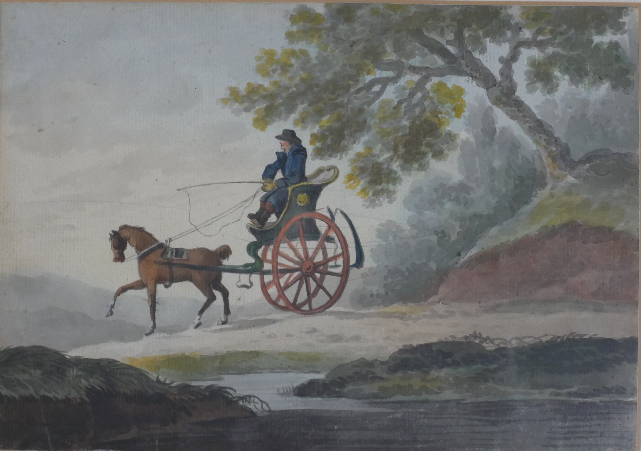 Two Victorian watercolours and one drawing. The watercolours of a horse drawn carriage and ladies - Image 8 of 8