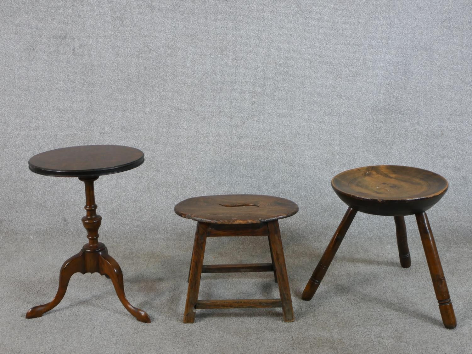 Three pieces of occasional furniture compring a George III mahogany style wine tripod table, a