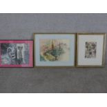 Three framed and glazed watercolours, one of many people, signed P.Knox, an African tribal