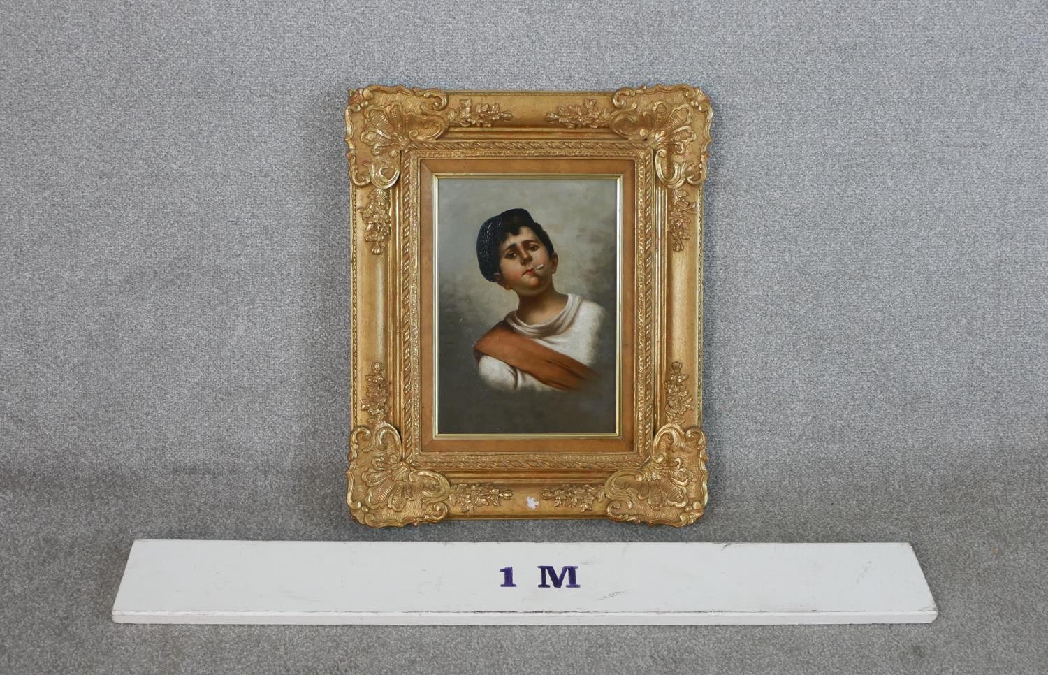 Unsigned, 19th century British school, Portrait of a boy smoking with blue cap, oil on canvas, in - Image 2 of 4