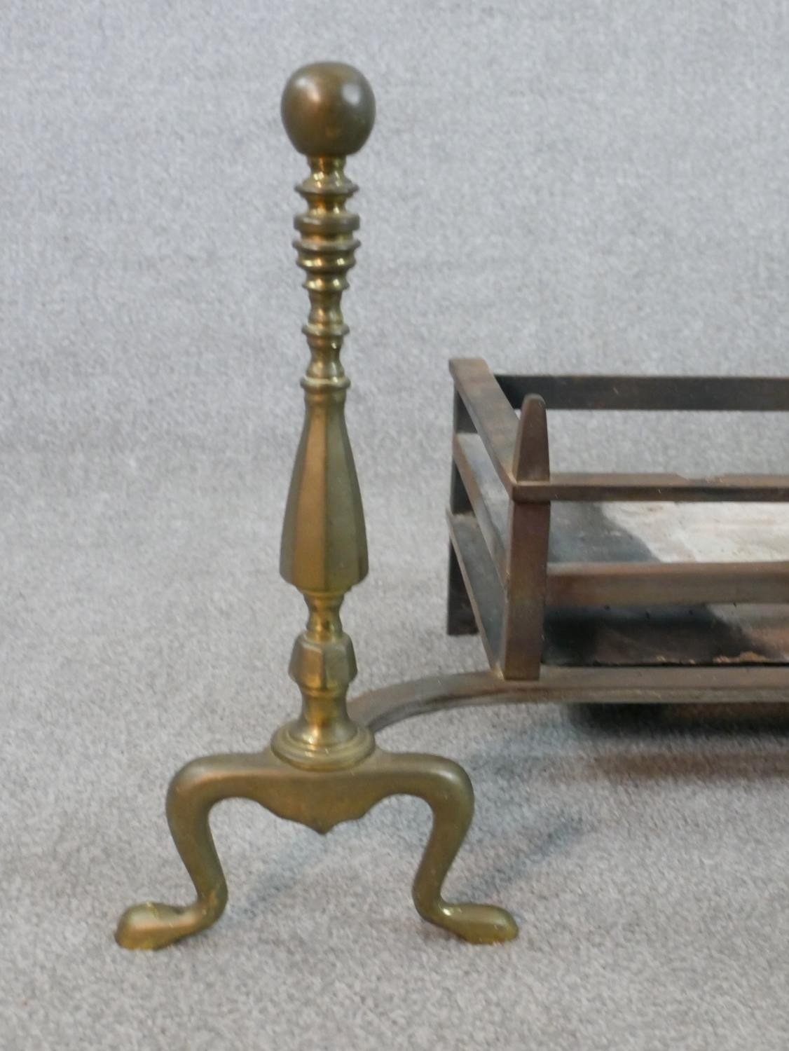 A 19th century iron fire basket complete with a pair of brass andirons, together with an - Image 3 of 7