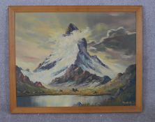 Yautauch (20th century); Snow covered mountain with lake, oil on canvas, signed in a beech frame. H.
