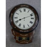 A 19th century Rosewood and mother of pearl inlaid drop dial wall clock, the white painted dial with