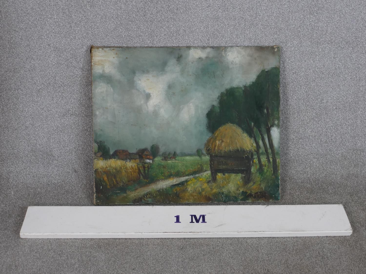 Rende, 20th century, Straw laden trailer on a track with village behind, oil on canvas, signed and - Image 6 of 7