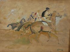 In the style of Alfred Munnings (1878 - 1959), Three Racing Horses, oil on wood, signed and
