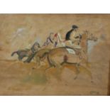 In the style of Alfred Munnings (1878 - 1959), Three Racing Horses, oil on wood, signed and