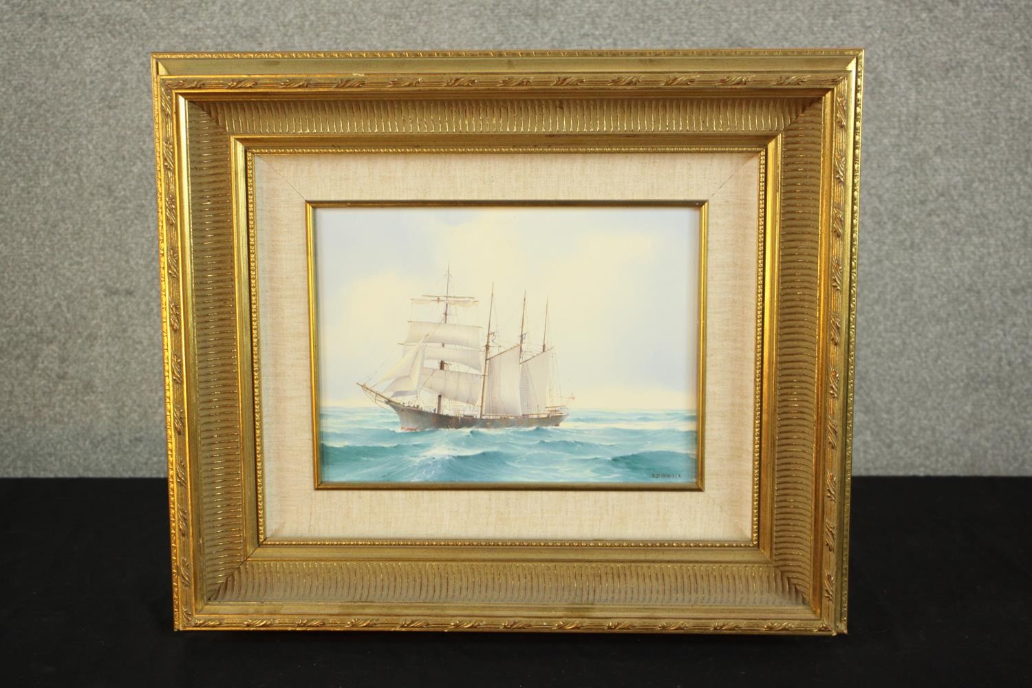 R. D. Hancock, Sailing boat on the sea, oil on canvas, signed and in gilt frame. H.46 W.54cm.