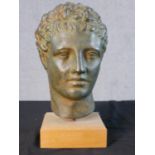 A replica bronze effect plaster Roman style head of a man, raised on wooden plinth H.29 W.13 D.13cm