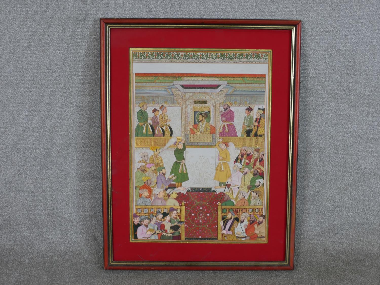Mougal School, Europeans bring gifts to Shah Jahan, mixed media on paper, framed H.75 W.58.5cm