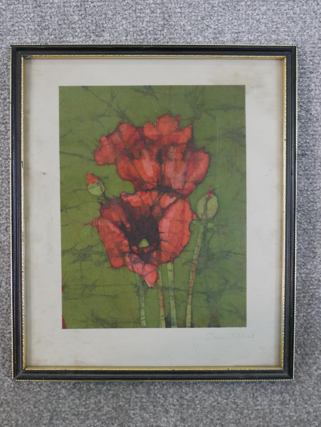 Sarah Tucker, Batik of poppies on a green background, signed along with a metal mixed media of a - Image 6 of 12