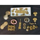 A collection of Danish brass and gilt metal traditional traditional folk costume buckles, buttons