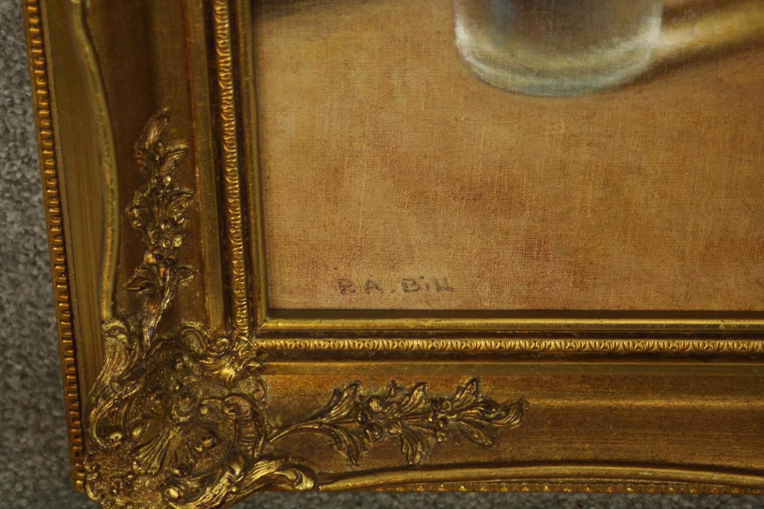 R. A. Bill (20th century), Still life of cheese with glass of water, signed and in a gilt frame. H. - Image 4 of 5