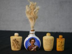 Three etched bone Chinese snuff bottles along with a Bavarian printed ceramic snuff bottle with