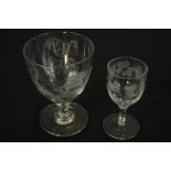 A 19th century, possibly early acid etched drinking glass with sailing boat together with a