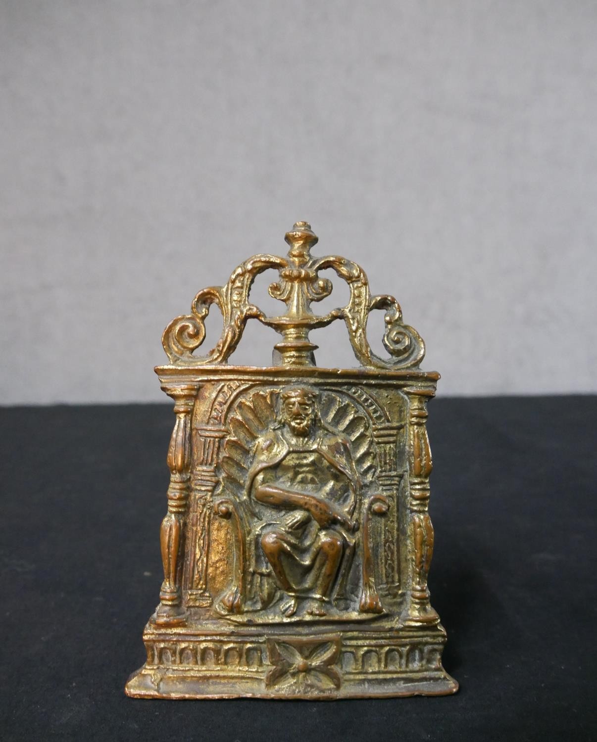 A 19th century gilt brass pocket easel shrine of a seated gentlemen together with a gilt brass - Image 3 of 6