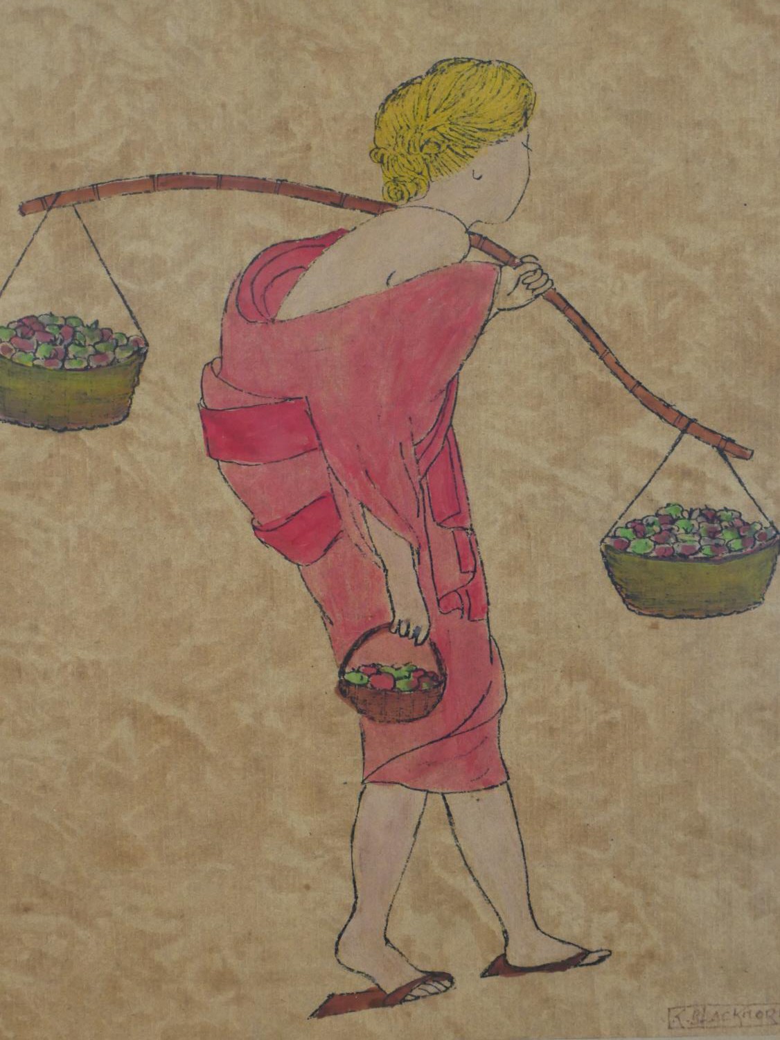 Katie Blackmore, watercolour of a blonde haired lady carrying baskets of apples, signed and - Image 8 of 10