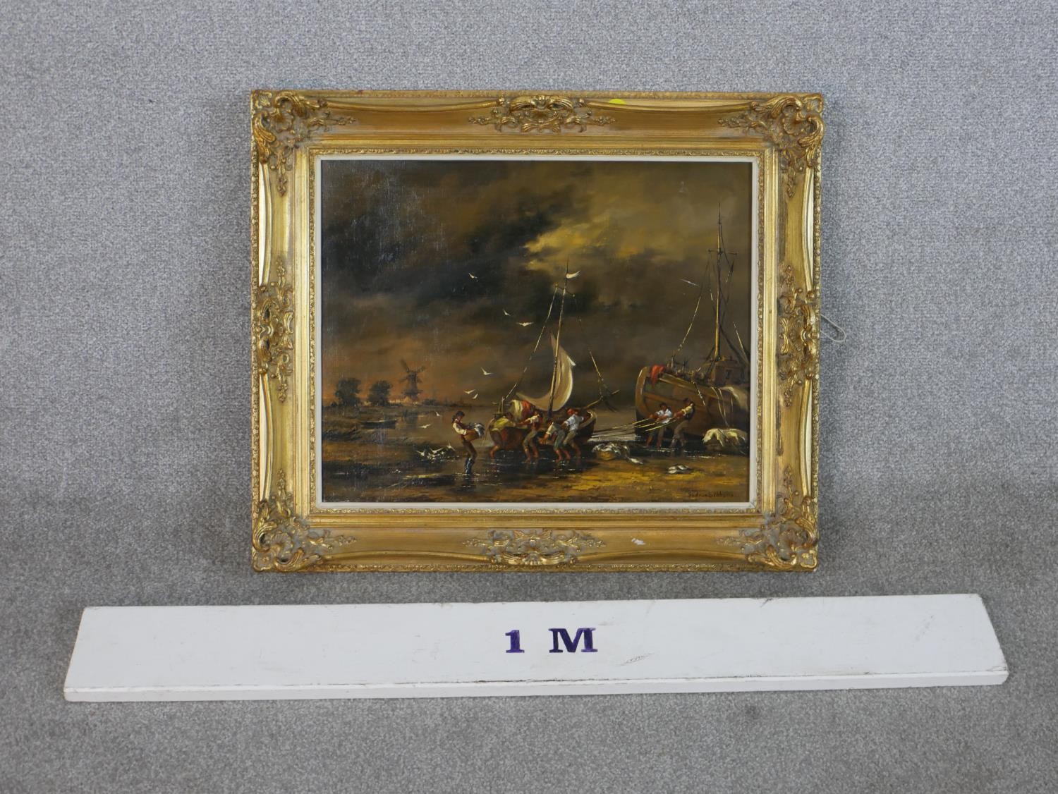 Gudrun Sibbons (1925 - ), Bringing in the Catch, oil on canvas, in a gilt frame. H.56 W.65cm - Image 4 of 5