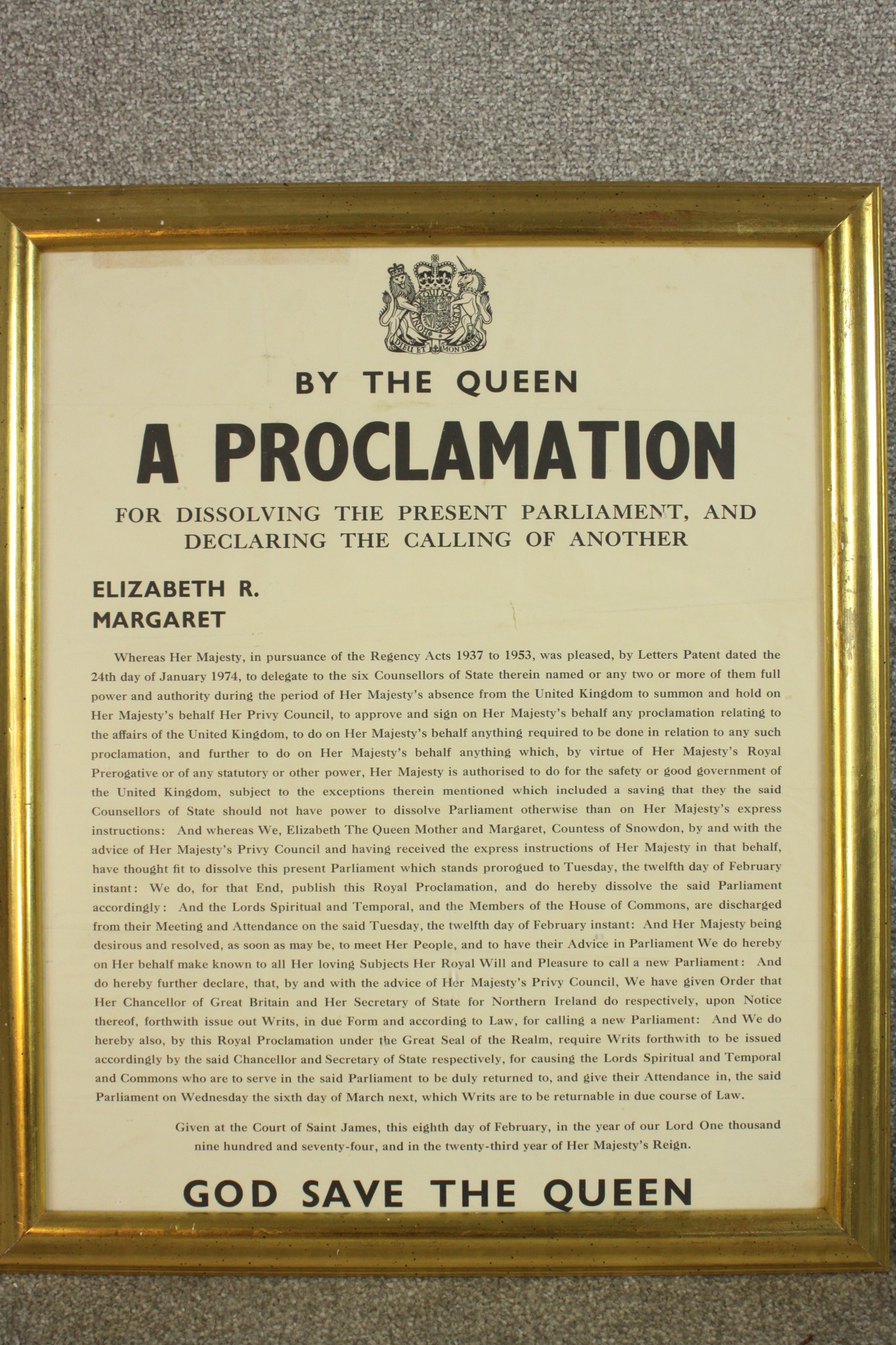 A mid 20th century framed proclamation certificate dated 8th February 1974. Dissolving one - Image 4 of 4