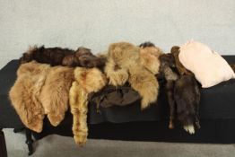 A vintage leather suitcase full of various types of fur, including mink, rabbit and fox. Two mink