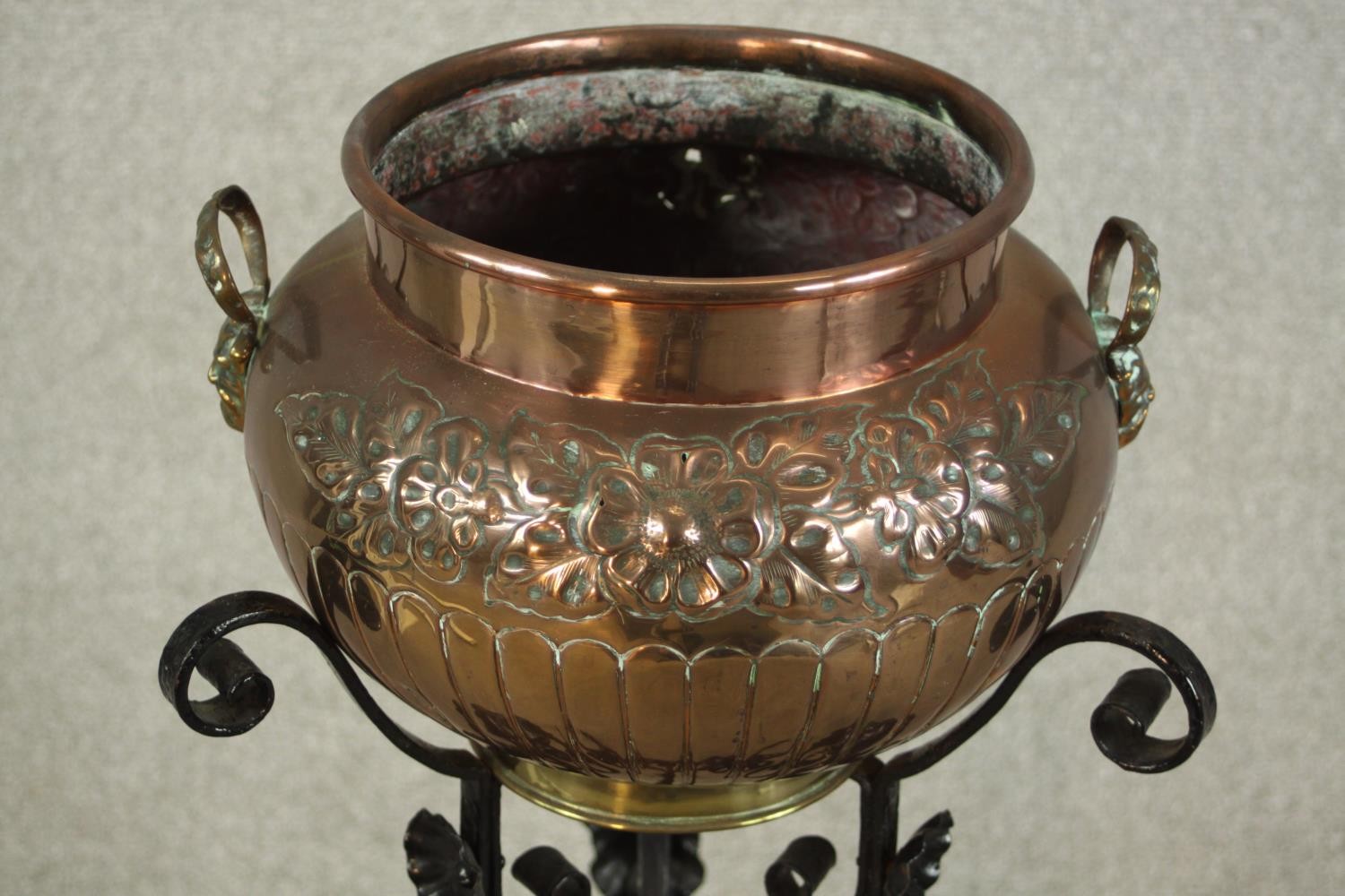 A late 19th / early 20th century copper planter, embossed with fluted decoration raised on painted - Image 3 of 6