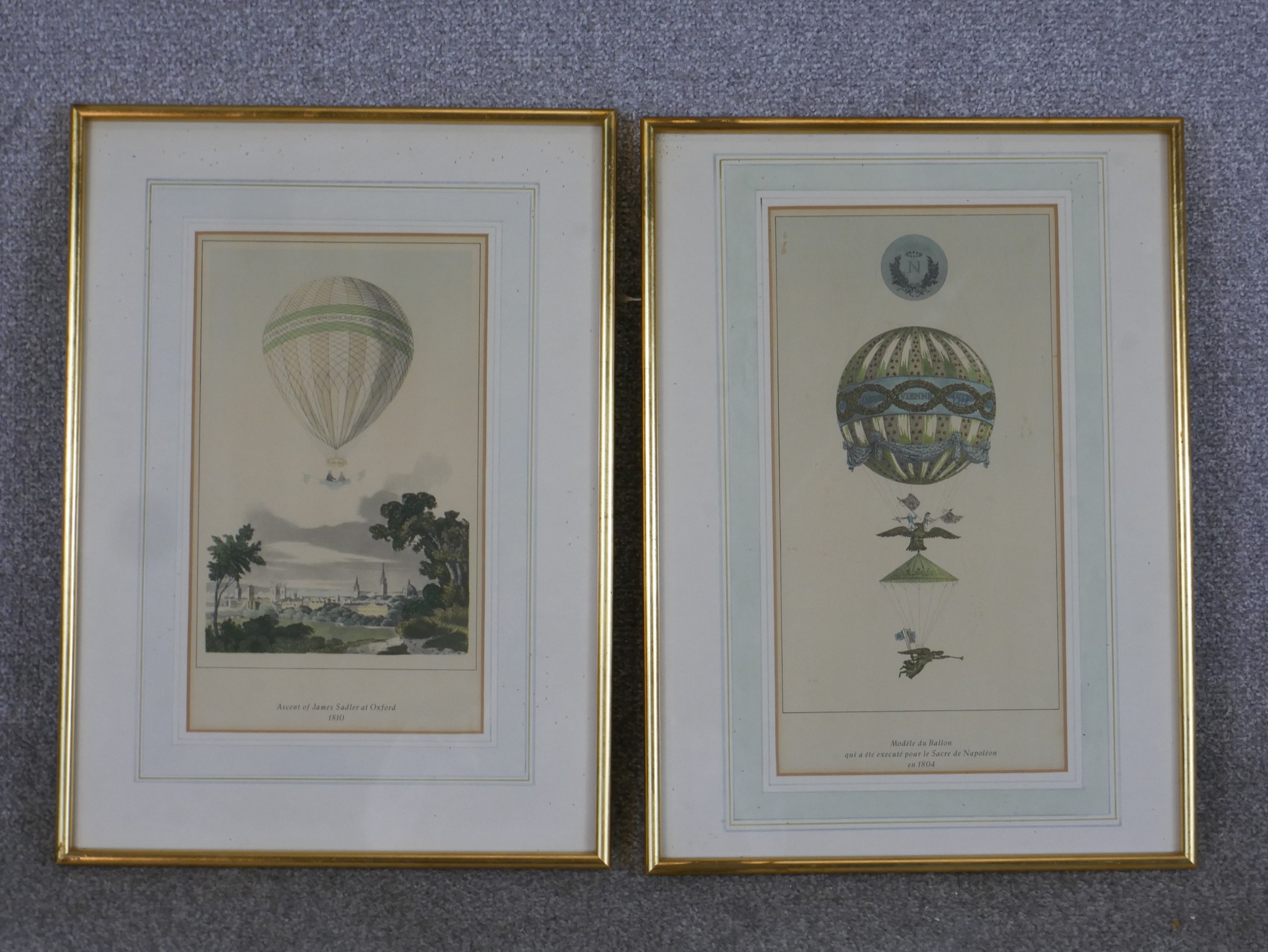 Ascent of James Sadler Two & Modele du Balloon two hot balloon related coloured prints, each