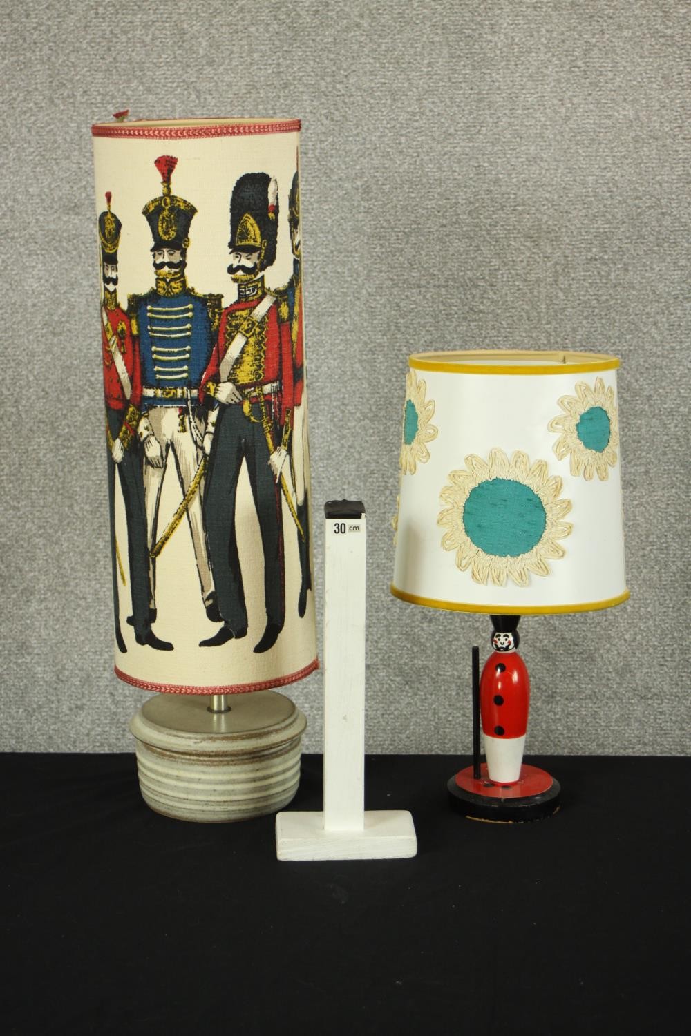 A carved and painted wooden lampbase in the form of a solider together with a mid 20th century - Image 2 of 6