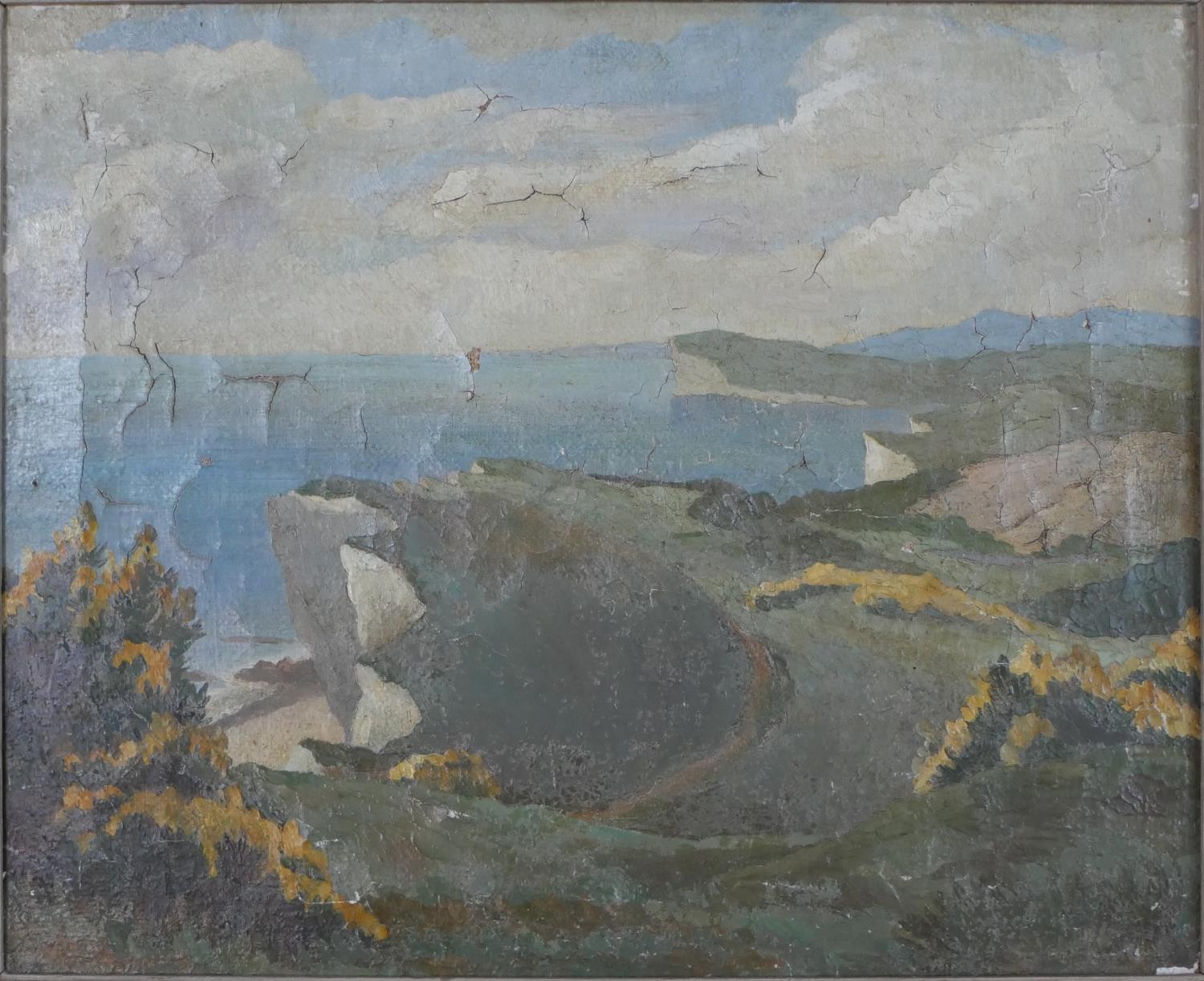 20th century British school, Cliff top with sea below, oil on canvas, unsigned and unframed. H.59 - Image 3 of 5