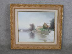 K. B. Hancock (20th century), Snow covered houses by an esturary, acrylic on canvas, signed and