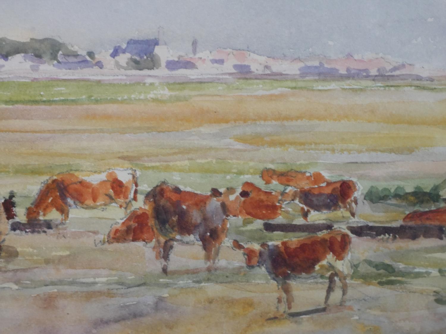 James Aumonier (1832 - 1911, British), Grazing cattle in the field with town behind, watercolour - Image 5 of 5