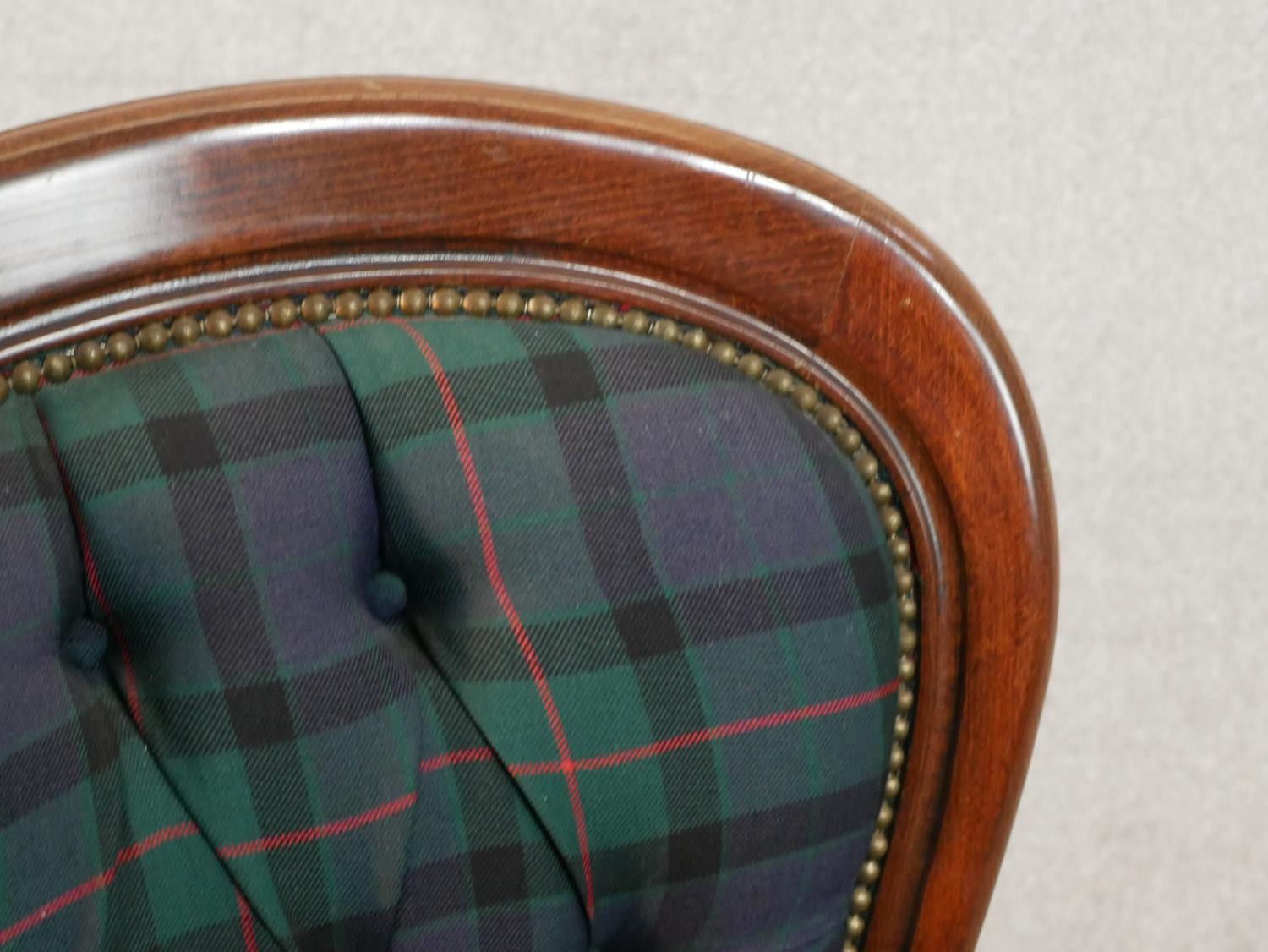 A early Victorian mahogany fauteil armchair with button back tartan fabric, with open arms, raised - Image 6 of 6