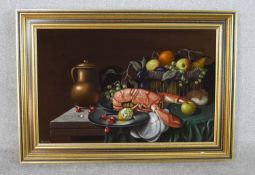 J. Fermour (20th century), Still Life of fruit and shellfish with copper jug, arylic on canvas,