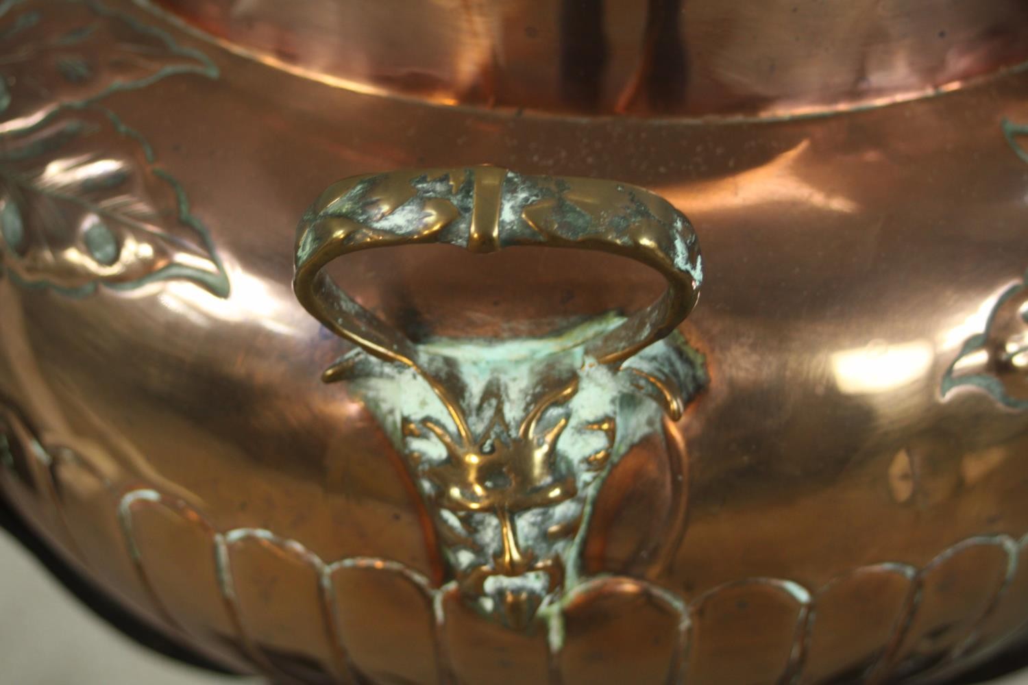 A late 19th / early 20th century copper planter, embossed with fluted decoration raised on painted - Image 6 of 6
