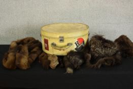 A hat box full of various furs including a mink fur Gillet, mine fur stole and fox fur scarf . H.
