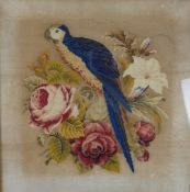 A late 19th century needlepoint tapestry panel of parrot in a rose bush, framed. H.58 W.57cm.