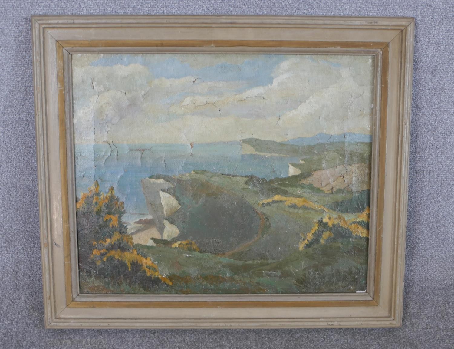 20th century British school, Cliff top with sea below, oil on canvas, unsigned and unframed. H.59