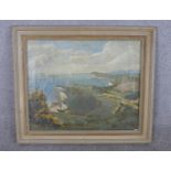20th century British school, Cliff top with sea below, oil on canvas, unsigned and unframed. H.59