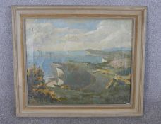 20th century British school, Cliff top with sea below, oil on canvas, unsigned and unframed. H.59