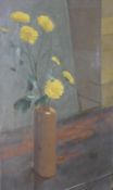 20th century British school, Still life of yellow flowers in brown pottery bottle vase, oil on