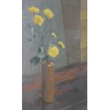 20th century British school, Still life of yellow flowers in brown pottery bottle vase, oil on