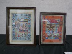 Two early 20th century framed and glazed Indo-Persian gouaches on silk of courtroom scenes within