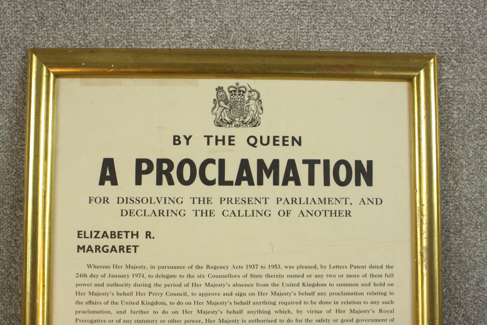 A mid 20th century framed proclamation certificate dated 8th February 1974. Dissolving one - Image 2 of 4