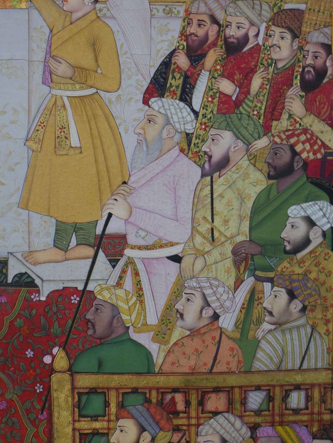Mougal School, Europeans bring gifts to Shah Jahan, mixed media on paper, framed H.75 W.58.5cm - Image 6 of 7