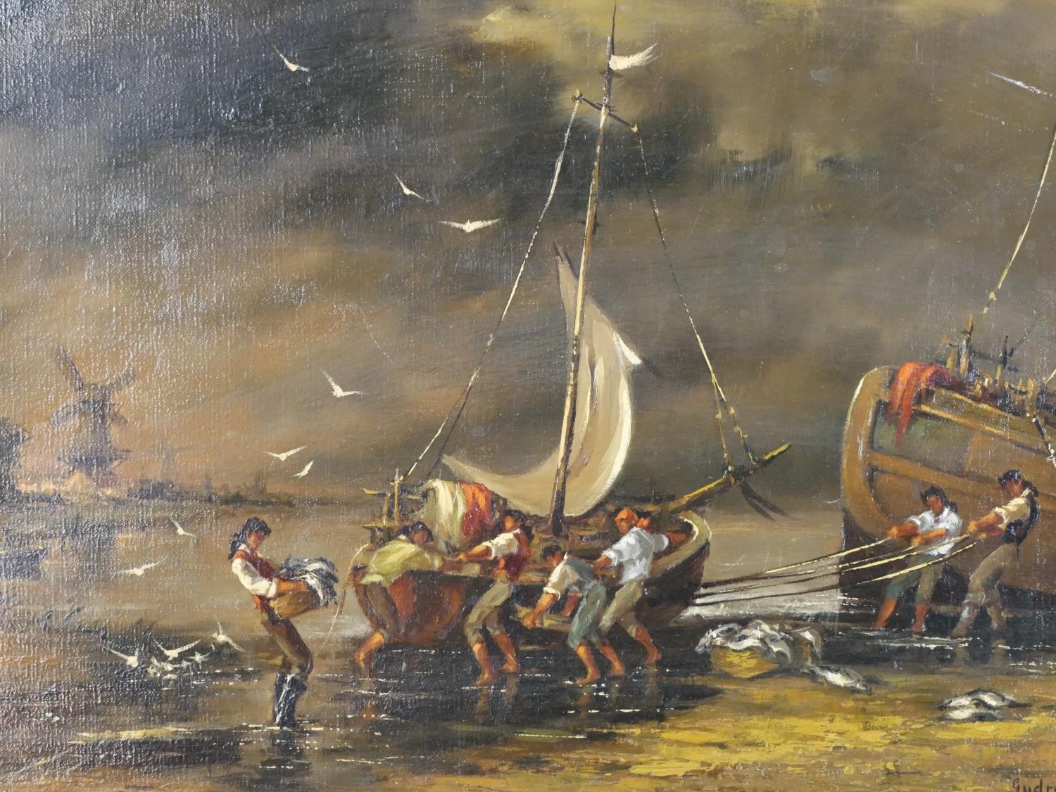 Gudrun Sibbons (1925 - ), Bringing in the Catch, oil on canvas, in a gilt frame. H.56 W.65cm