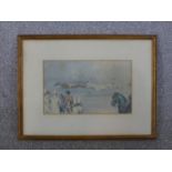 A framed and glazed 19th century watercolour of clowns watching unicorns racing, indistinctly