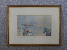 A framed and glazed 19th century watercolour of clowns watching unicorns racing, indistinctly