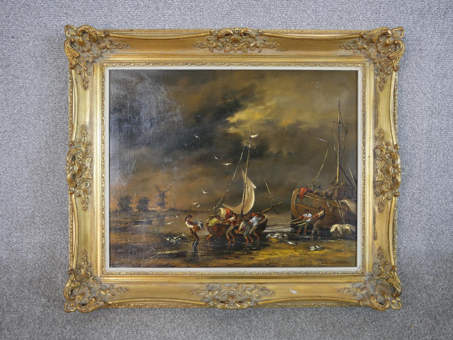 Gudrun Sibbons (1925 - ), Bringing in the Catch, oil on canvas, in a gilt frame. H.56 W.65cm - Image 2 of 5