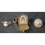 A collection of silver plate Oriental items, including miniature Turkish coffee pot, a Tibetan Gau